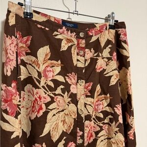 CHAPS Vintage floral linen cotton midi-skirt pockets & button front size6 (sz s)